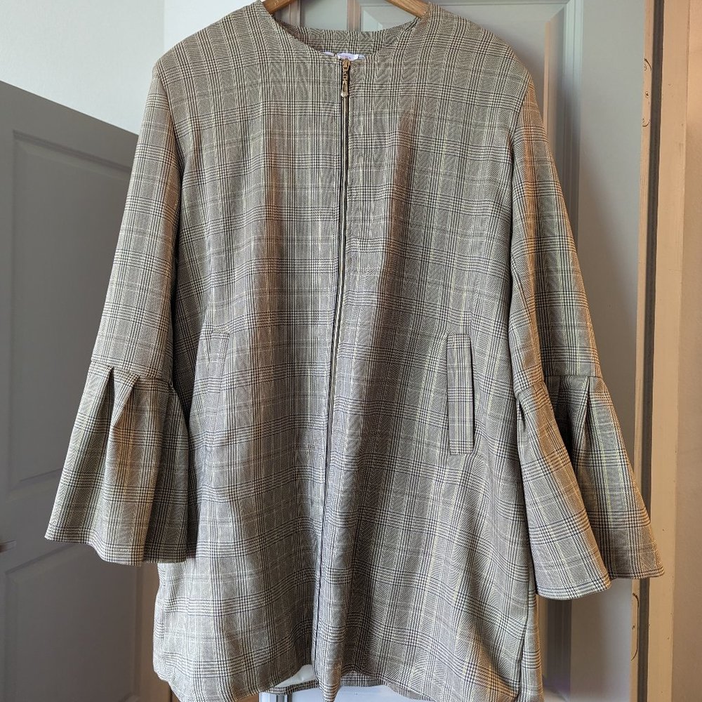 Brown and gold plaid long zip jacket with bell sleeves